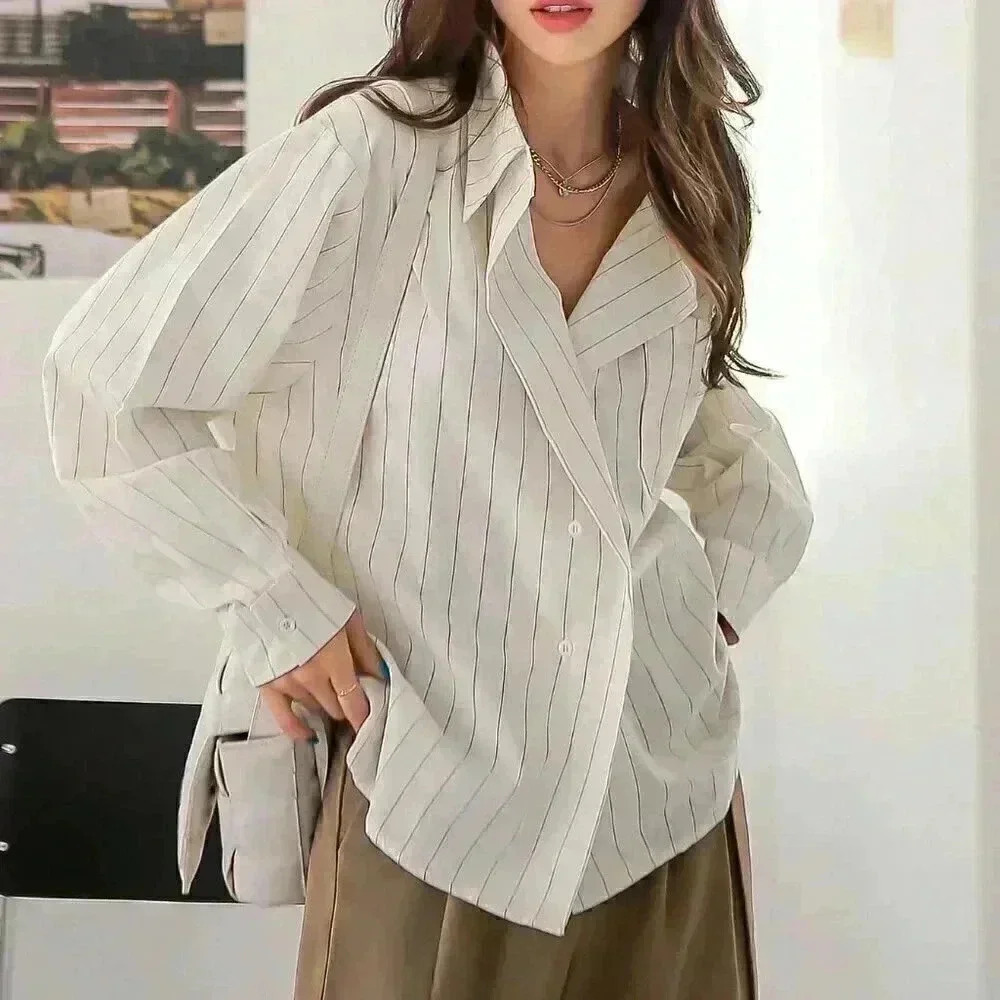 White Elegant Women's Striped Print Drop Shoulder Shirt